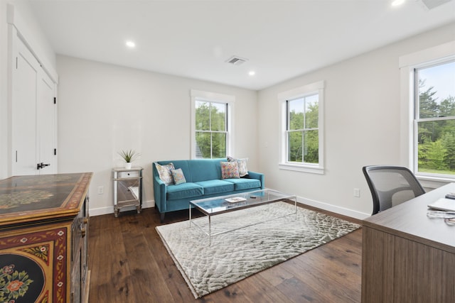 88 Stonehouse Rd, New London, NH 03257 - home office with healthy amount of natural light, dark wood finished floors, and recessed lighting