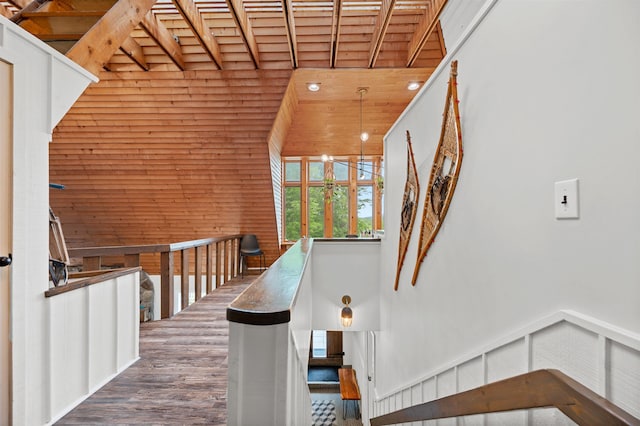 812 Airport Rd, Fayston, VT 05660 - stairway with a towering ceiling, wooden ceiling, and wood finished floors