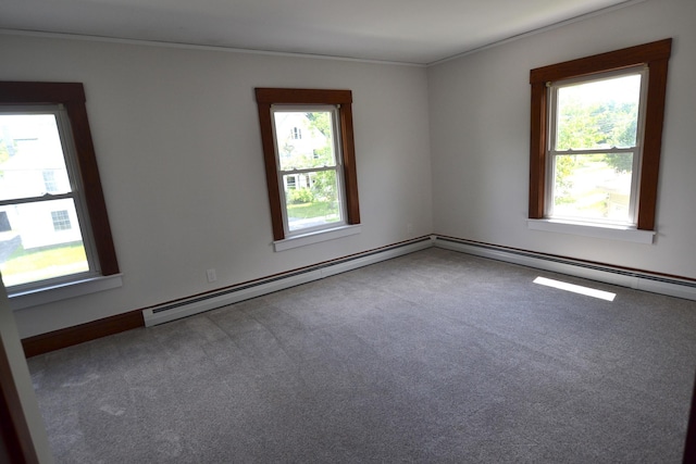 27 Randall St, Waterbury, VT 05676 - empty room featuring crown molding, plenty of natural light, carpet floors, and a baseboard radiator