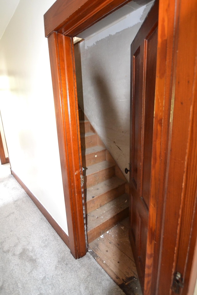 27 Randall St, Waterbury, VT 05676 - stairway featuring carpet flooring and vaulted ceiling