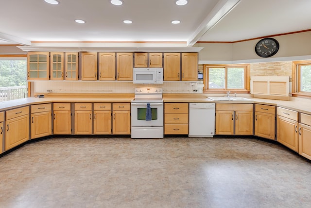 6 Goodbout Rd, Lincoln, NH 03251 - kitchen with white appliances, plenty of natural light, light brown cabinetry, recessed lighting, and beam ceiling