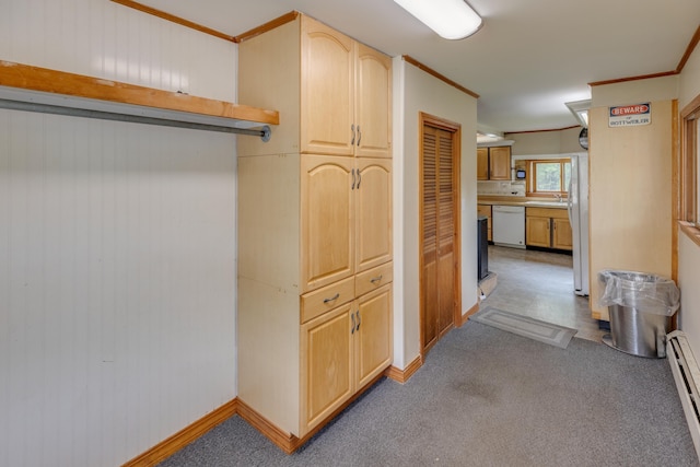 6 Goodbout Rd, Lincoln, NH 03251 - hallway featuring carpet, ornamental molding, and a baseboard heating unit