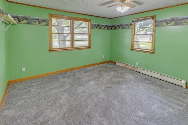 6 Goodbout Rd, Lincoln, NH 03251 - carpeted spare room with a baseboard heating unit, a textured ceiling, ceiling fan, and ornamental molding