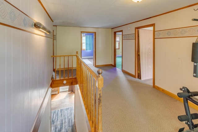 6 Goodbout Rd, Lincoln, NH 03251 - hall featuring an upstairs landing, carpet flooring, crown molding, and a baseboard heating unit
