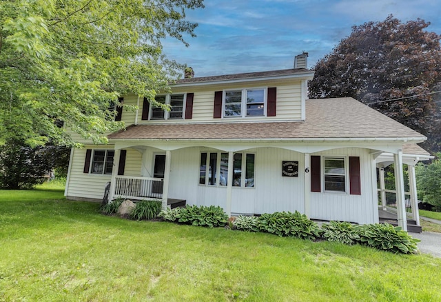 6 Goodbout Rd, Lincoln, NH 03251 - view of front of home featuring a porch, a chimney, a front lawn, and a shingled roof