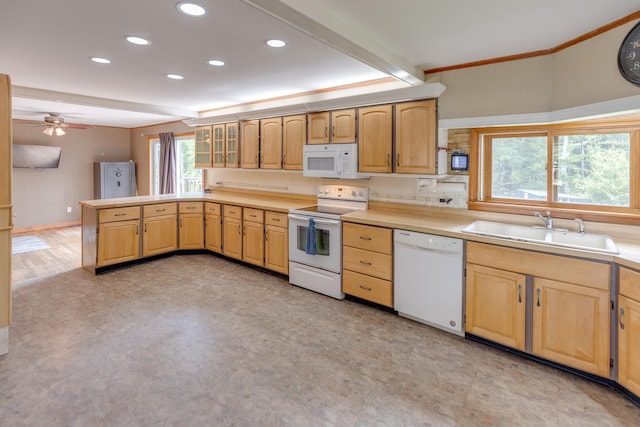 6 Goodbout Rd, Lincoln, NH 03251 - kitchen featuring white appliances, recessed lighting, a peninsula, light countertops, and a ceiling fan