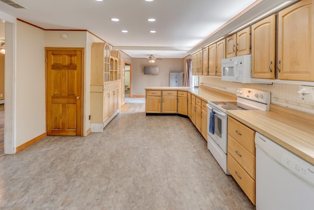 6 Goodbout Rd, Lincoln, NH 03251 - kitchen featuring white appliances, a peninsula, recessed lighting, light brown cabinets, and a ceiling fan