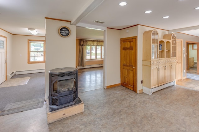 6 Goodbout Rd, Lincoln, NH 03251 - unfurnished living room featuring a wood stove, baseboard heating, recessed lighting, crown molding, and a baseboard radiator