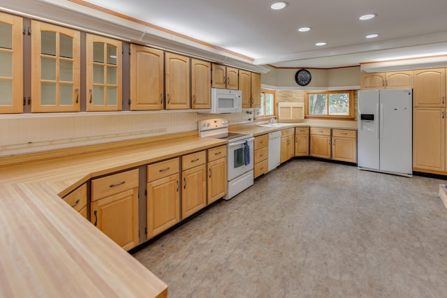 6 Goodbout Rd, Lincoln, NH 03251 - kitchen with white appliances, glass insert cabinets, recessed lighting, and light flooring