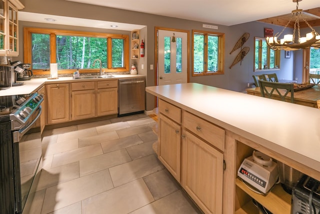 26 Country Xing, Ludlow, VT 05149 - kitchen featuring dishwasher, range, light countertops, light brown cabinetry, and a chandelier