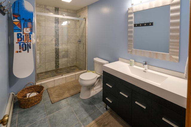 26 Country Xing, Ludlow, VT 05149 - full bathroom featuring a baseboard radiator, tile patterned flooring, vanity, and a shower stall