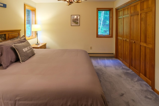26 Country Xing, Ludlow, VT 05149 - bedroom featuring a baseboard heating unit, dark carpet, multiple windows, and a closet
