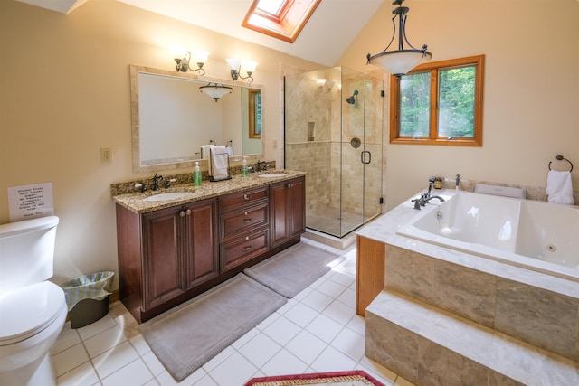26 Country Xing, Ludlow, VT 05149 - full bath with a skylight, a tub with jets, tile patterned floors, double vanity, and vaulted ceiling