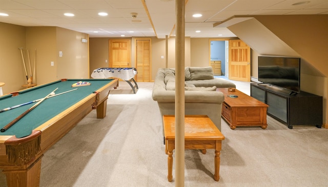 26 Country Xing, Ludlow, VT 05149 - playroom with light colored carpet, a drop ceiling, recessed lighting, and pool table