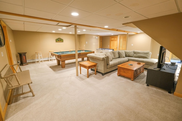 26 Country Xing, Ludlow, VT 05149 - playroom featuring baseboard heating, light colored carpet, a paneled ceiling, billiards, and recessed lighting