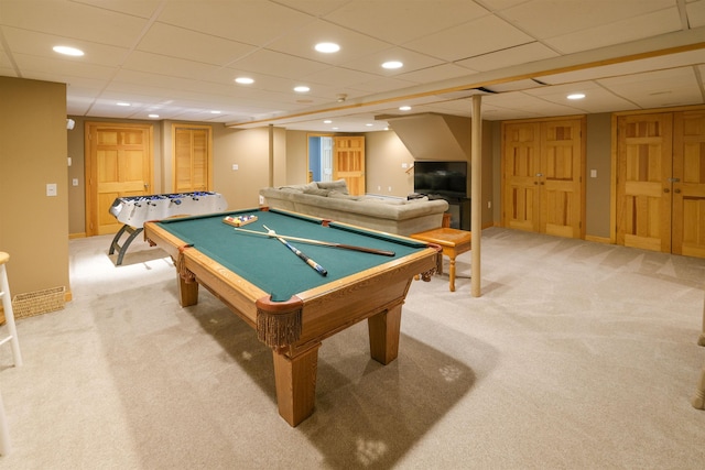 26 Country Xing, Ludlow, VT 05149 - playroom with light carpet, a paneled ceiling, pool table, and recessed lighting