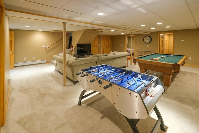 26 Country Xing, Ludlow, VT 05149 - playroom featuring carpet, a baseboard heating unit, a paneled ceiling, recessed lighting, and billiards