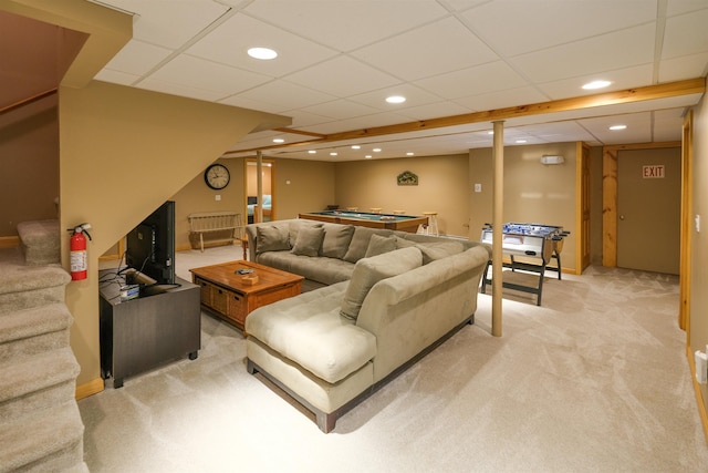 26 Country Xing, Ludlow, VT 05149 - living room with light carpet, stairs, billiards, recessed lighting, and a paneled ceiling