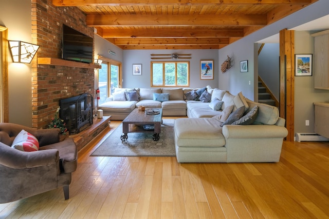 26 Country Xing, Ludlow, VT 05149 - living room featuring a wood ceiling with exposed beams, wood-type flooring, stairway, baseboard heating, and a fireplace