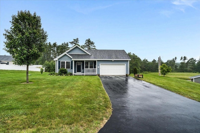 5 Rolling Hills Dr, Tilton, NH 03276 - ranch-style house with covered porch, a garage, driveway, and a front yard
