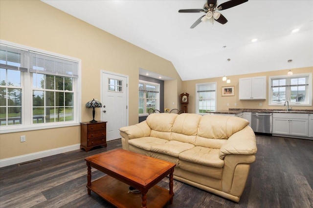 5 Rolling Hills Dr, Tilton, NH 03276 - living room with vaulted ceiling, dark wood-type flooring, and ceiling fan