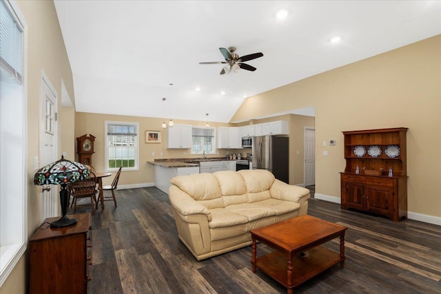 5 Rolling Hills Dr, Tilton, NH 03276 - living room with a ceiling fan, lofted ceiling, dark wood finished floors, and recessed lighting