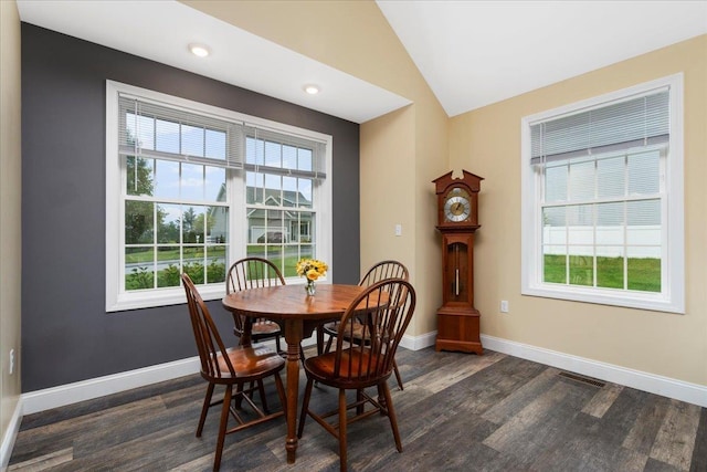 5 Rolling Hills Dr, Tilton, NH 03276 - dining room with dark wood-style flooring, lofted ceiling, and recessed lighting
