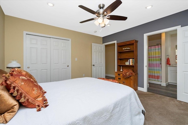 5 Rolling Hills Dr, Tilton, NH 03276 - carpeted bedroom with a closet, recessed lighting, ceiling fan, and ensuite bathroom