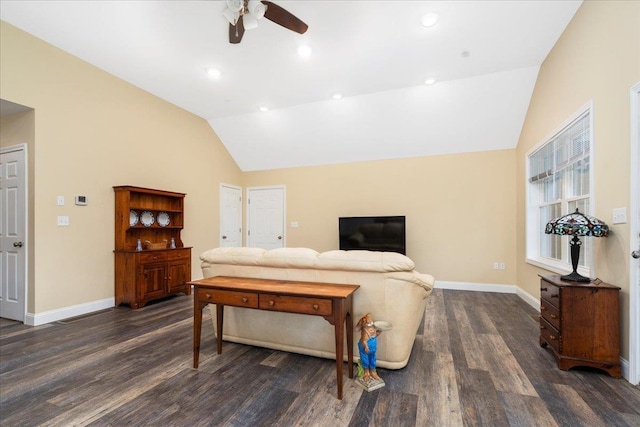 5 Rolling Hills Dr, Tilton, NH 03276 - bedroom with lofted ceiling, dark wood-style floors, and ceiling fan