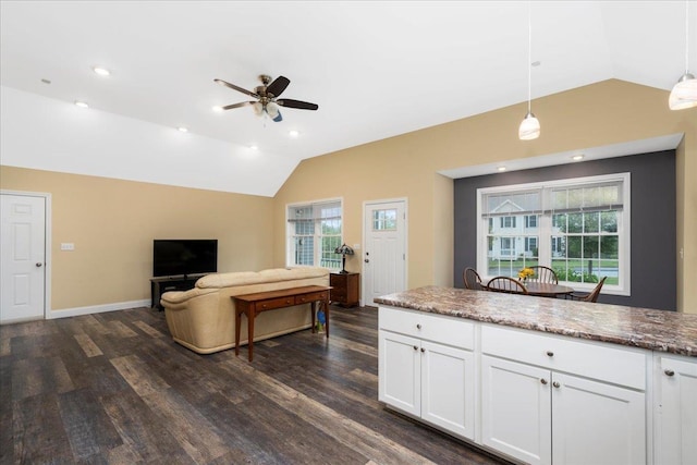 5 Rolling Hills Dr, Tilton, NH 03276 - kitchen with lofted ceiling, ceiling fan, dark wood-style flooring, white cabinetry, and recessed lighting