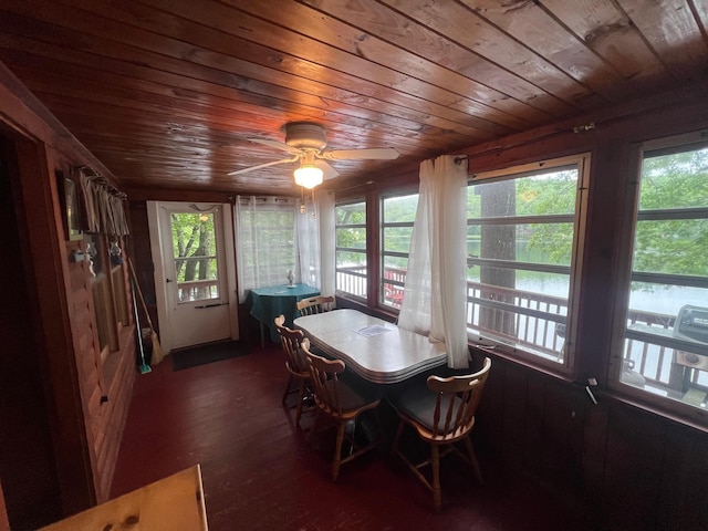 224 Nippo Ct, Barrington, NH 03825 - dining space with wooden ceiling, healthy amount of natural light, a ceiling fan, and wood finished floors