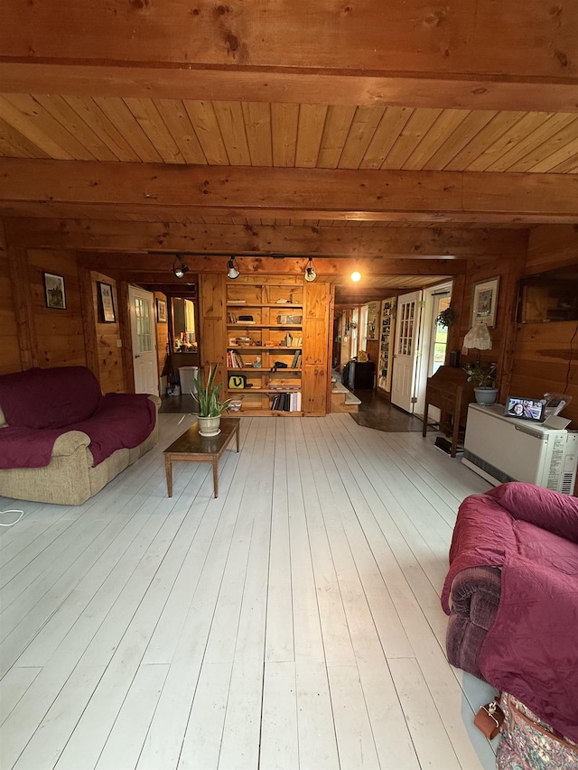 1442 Ridge Rd, Randolph, VT 05061 - living room with wooden walls, hardwood / wood-style flooring, and a wooden ceiling with exposed beams