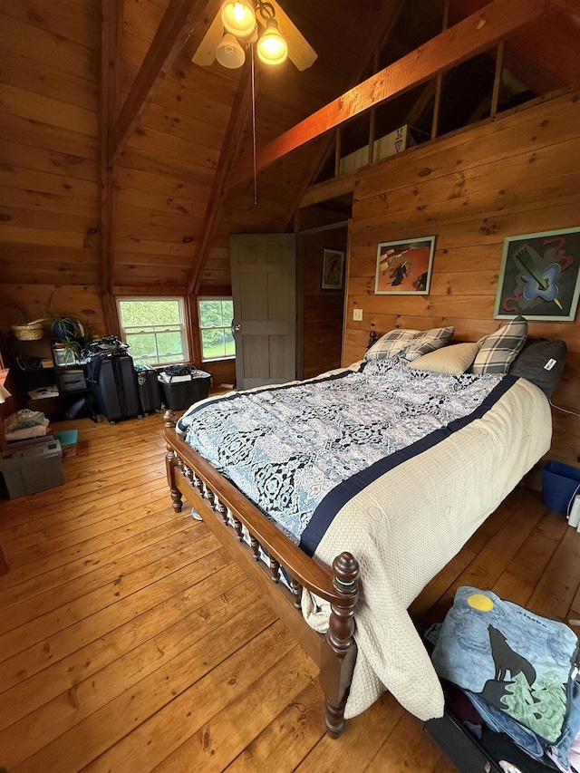 1442 Ridge Rd, Randolph, VT 05061 - bedroom featuring hardwood / wood-style floors, wood walls, wood ceiling, and a ceiling fan