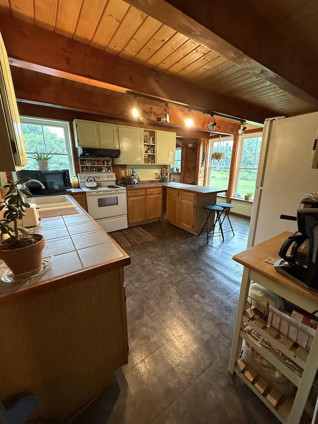 1442 Ridge Rd, Randolph, VT 05061 - kitchen with white appliances, a peninsula, a wood ceiling with exposed beams, healthy amount of natural light, and under cabinet range hood