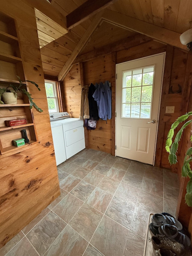 1442 Ridge Rd, Randolph, VT 05061 - washroom with independent washer and dryer, wooden walls, wood ceiling, and light stone finish flooring
