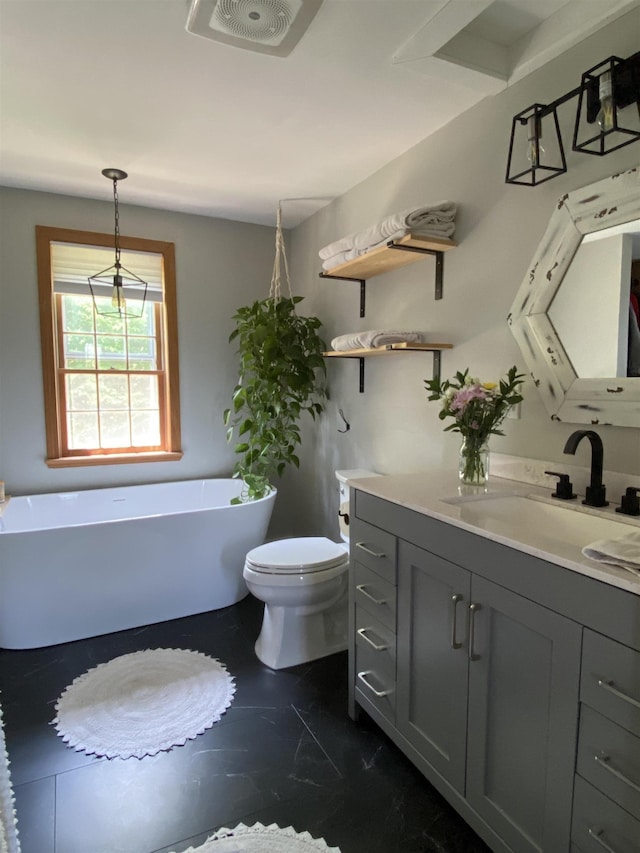 69 Emerson Hill Rd, New Ipswich, NH 03071 - bathroom featuring vanity, a soaking tub, and marble finish flooring
