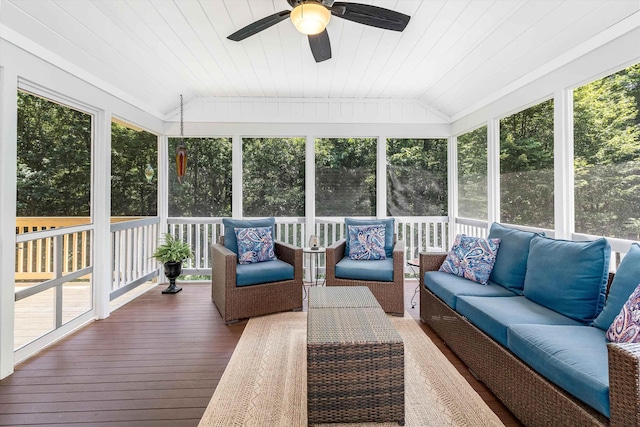 11 Mcafee Farm Rd, Bedford, NH 03110 - sunroom featuring vaulted ceiling, an outdoor hangout area, and a ceiling fan