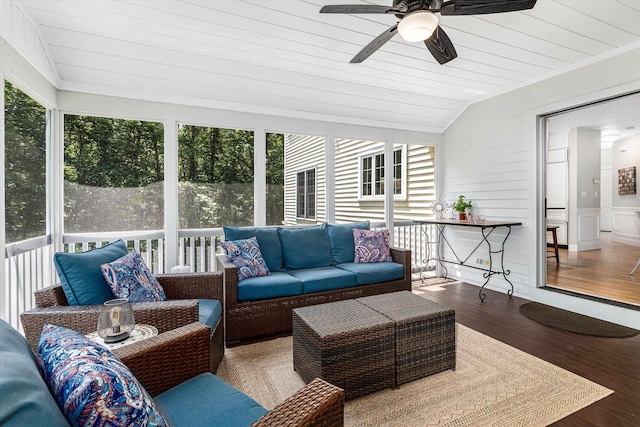 11 Mcafee Farm Rd, Bedford, NH 03110 - sunroom with vaulted ceiling, ceiling fan, and outdoor lounge area