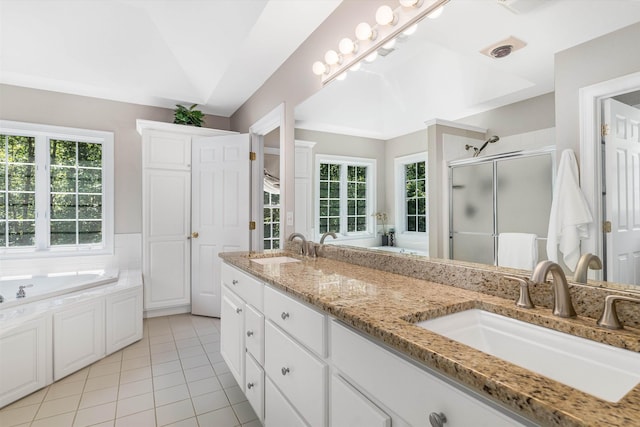 11 Mcafee Farm Rd, Bedford, NH 03110 - full bathroom featuring a garden tub, a shower stall, double vanity, and tile patterned floors