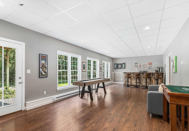 11 Mcafee Farm Rd, Bedford, NH 03110 - rec room with dark wood-style flooring, a drop ceiling, a bar, and recessed lighting