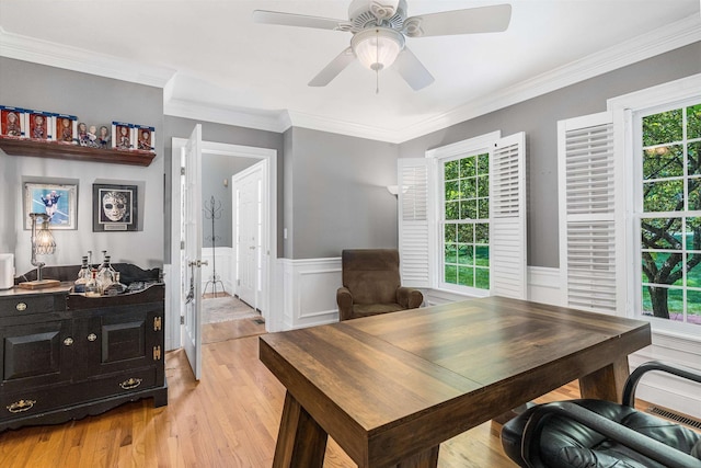 11 Mcafee Farm Rd, Bedford, NH 03110 - dining area featuring plenty of natural light, a wainscoted wall, light wood-style floors, ceiling fan, and ornamental molding
