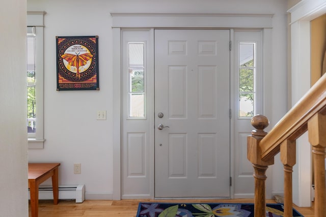 204 Mary Dr, Richmond, VT 05477 - entryway featuring a baseboard radiator, light wood-style flooring, and stairway