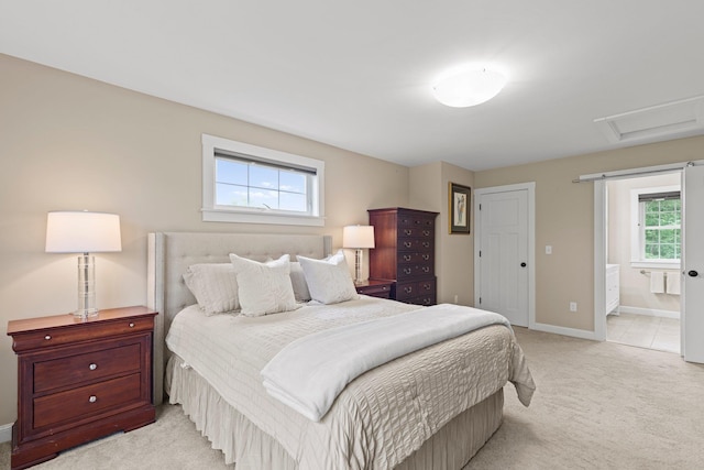12 Cushman Way, Greenland, NH 03840 - bedroom with attic access, light colored carpet, and ensuite bathroom