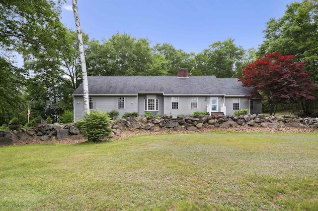 2 Ridgewood Dr, Kingston, NH 03848 - ranch-style house with a front lawn, a chimney, and a shingled roof