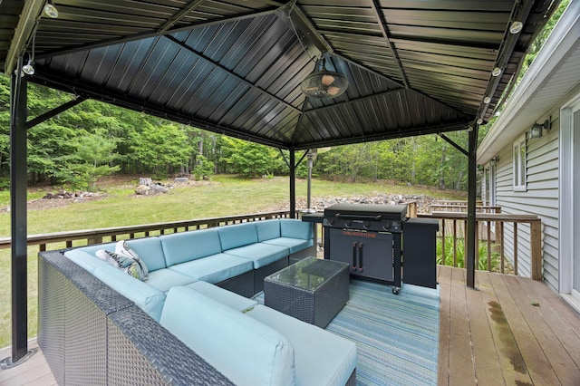 2 Ridgewood Dr, Kingston, NH 03848 - wooden terrace with an outdoor hangout area, a lawn, area for grilling, and a gazebo