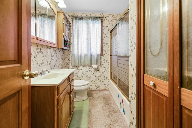 17 N Ave, Plaistow, NH 03865 - full bath featuring wallpapered walls, vanity, and bath / shower combo with glass door
