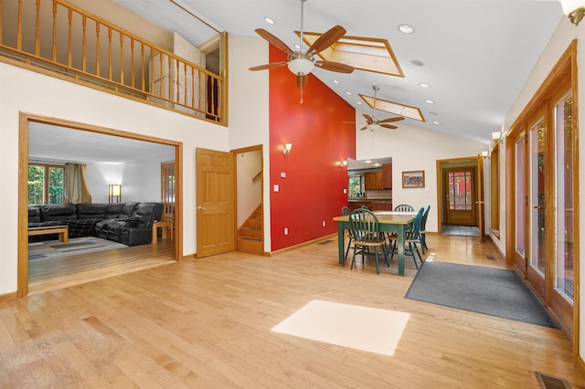 17 N Ave, Plaistow, NH 03865 - dining area with a ceiling fan, stairs, recessed lighting, wood finished floors, and high vaulted ceiling