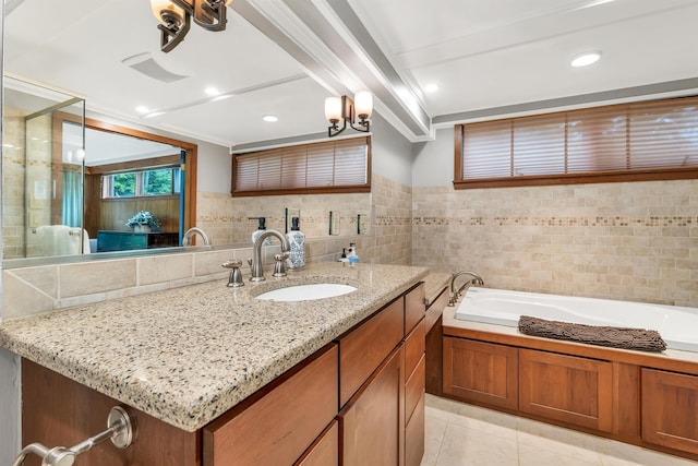 679 Kearsarge Rd, Conway, NH 03860 - full bath featuring vanity, a bath, tile walls, tile patterned floors, and a chandelier