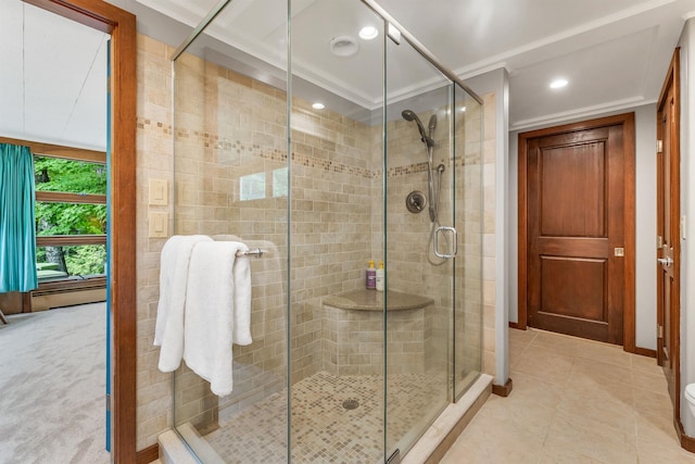 679 Kearsarge Rd, Conway, NH 03860 - full bathroom with a stall shower, tile patterned floors, recessed lighting, and crown molding
