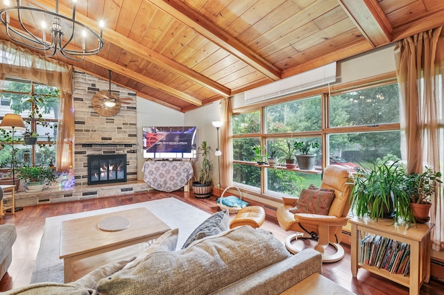 4 Sauer Ter, Durham, NH 03824 - living area featuring wood-type flooring, wood ceiling, healthy amount of natural light, and a fireplace